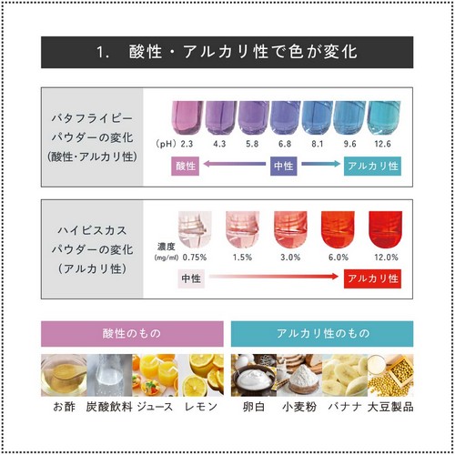 1.酸性・アルカリ性で色が変化。酸性のもの:お酢、炭酸水、ジュース、レモン。アルカリ性のもの:卵白、小麦粉、バナナ、大豆製品。