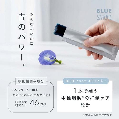 そんなあなたに青のパワー。機能性関与成分:バタフライピー由来アントシアニン(テルナチン)1日目安量1本あたり46mg/1本で補う中性脂肪抑制ケア設計。