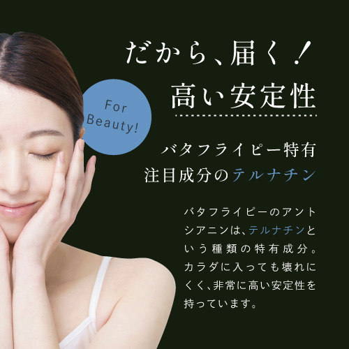 だから、届く！高い安定性。バタフライピー特有、注目成分のテルナチン。バタフライピーのアントシアニンは、テルナチンという種類の特有成分。カラダに入っても壊れにくく、非常に高い安定性を持っています。