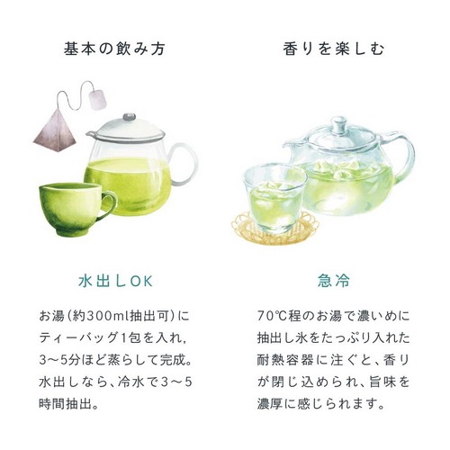 甘味、旨味、渋味、最高級バランスの煎茶。前野茶師からメッセージ。目指したのは鮮やかなエメラルドグリーン。茶葉の摘み取り前に覆いをかぶせて旨味を増し、渋味を抑える「かぶせ茶」を使用。旨味、甘み、水色が鮮やかな色になります。暑い時期には水出しをしてスッキリとした爽快感を得ることができます。お茶だけでも楽しむことができますがぜひお茶菓子とのペアリングも。