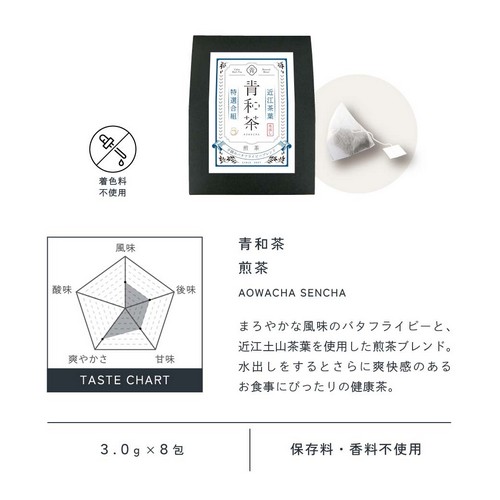 青和茶。「アントシアニン」＋「茶カテキン」2種類のポリフェノールが摂れる青い健康茶です。