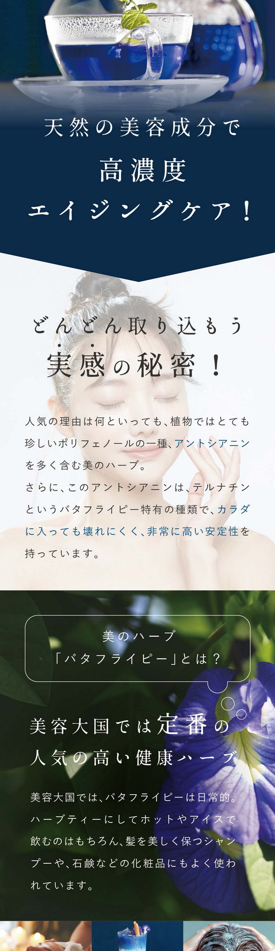 なぜ、こんなにバタフライピーが人気なのか？それは、たった1杯で摂れる豊富なアントシアニン。天然の美容成分で高濃度エイジングケア！どんどん取り込もう実感の秘密！人気の理由は何といっても植物ではとても珍しいポリフェノールの一種、アントシアニンを多く含む美のハーブ。さらに、このアントシアニンはテルナチンというバタフライピー特有の種類でカラダに入っても壊れにくく非常に高い安定性を持っています。