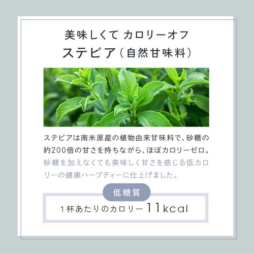 美味しくてカロリーオフステビア（自然甘味料）/ステビアは南米原産の植物由来甘味料で砂糖の約200倍の甘さを持ちながらほぼカロリーゼロ。砂糖を加えなくても美味しく甘さを感じる低カロリーの健康ハーブティーに仕上げました。低糖質1杯あたりのカロリー11kcal。
