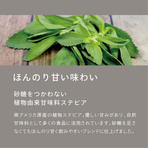 ほんのり甘い味わい。砂糖をつかわない植物由来甘味料ステビア。南アメリカ原産の植物ステビア。優しい甘みあり、自然甘味料として多くの食品に活用されています。砂糖を足さなくてもほんのり甘く飲みやすいブレンドに仕上げました。