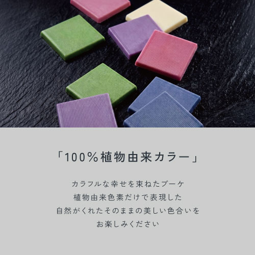 「100％植物由来カラー」カラフルな幸せを束ねたブーケ。植物由来色素だけで表現した自然がくれたそのままの美しい色合いをお楽しみください。