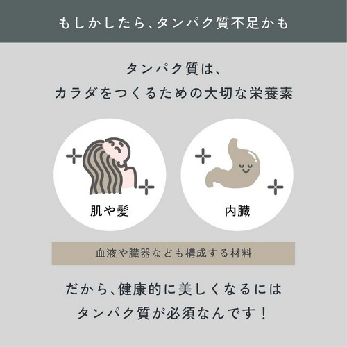 もしかしたらタンパク質不足かも/タンパク質はカラダをつくるための大切な栄養素。肌や髪、内臓、血液や臓器なども構成する材料。だから、健康的に美しくなるにはタンパク質が必須なんです！