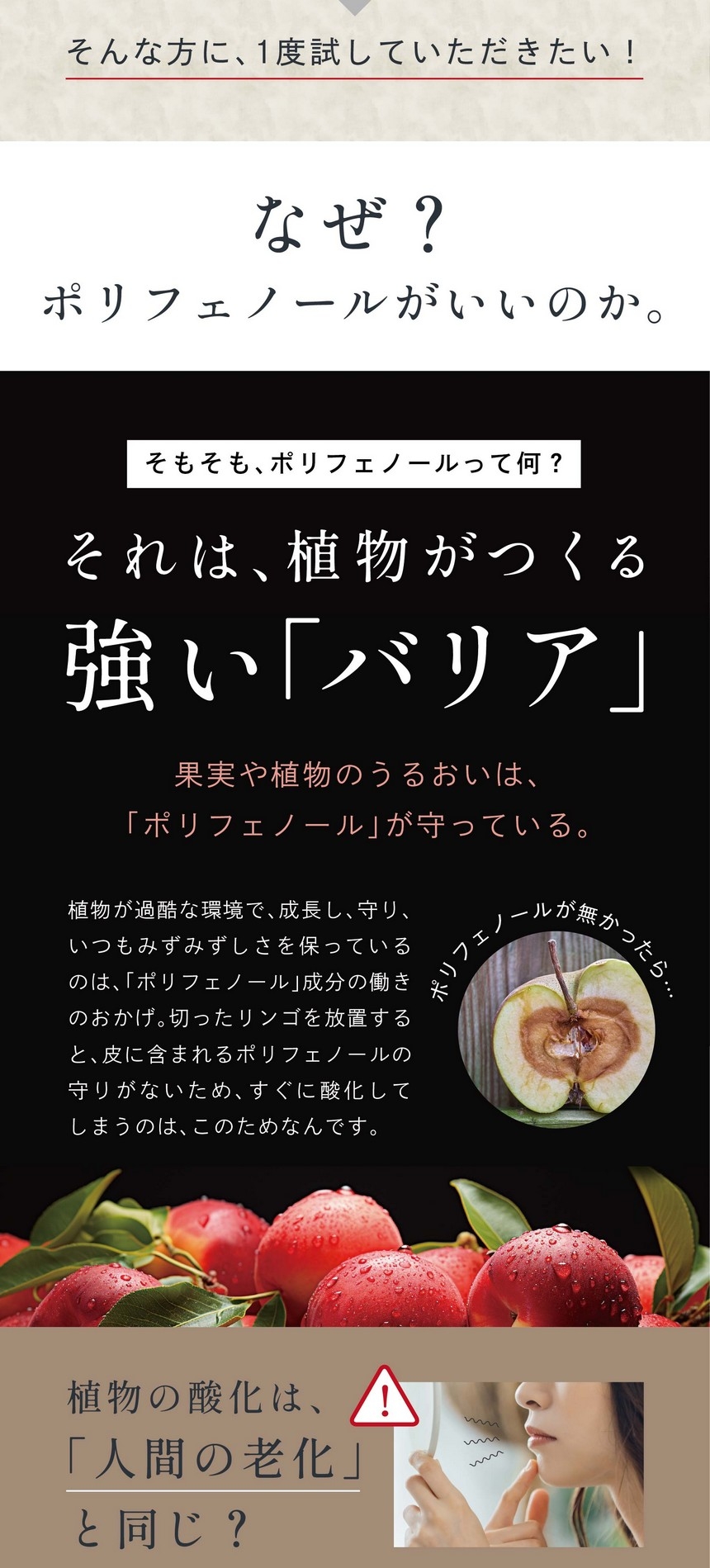 なぜ？ポリフェノールがいいのか。そもそもポリフェノールって何？それは植物がつくる強い「バリア」。果実や植物のうるおいは、「ポリフェノール」が守っている。植物が過酷な環境で成長し守りいつもみずみずしさを保っているのは「ポリフェノール」成分の働きのおかげ。切ったリンゴを放置すると皮に含まれるポリフェノールの守りがないため、すぐに酸化してしまうのはこのためなんです。植物の酸化は「人間の老化」と同じ？