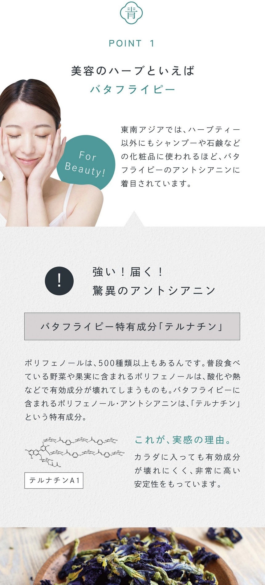 point 01 美容のハーブといえばバタフライピー。東南アジアではハーブティー以外にもシャンプーや石鹼などの化粧品に使われるほどバタフライピーのアントシアニンに着目されています。強い！届く！驚異のアントシアニン。バタフライピー特有成分「テルナチン」。ポリフェノールは500種類以上もあるんです。普段食べている野菜や果実に含まれるポリフェノールは酸化や熱などで有効成分が壊れてしまうものも。バタフライピーに含まれるポリフェノール・アントシアニンは「テルナチン」という特有成分。これが実感の理由。カラダに入っても有効成分が壊れにくく非常に高い安定性をもっています。