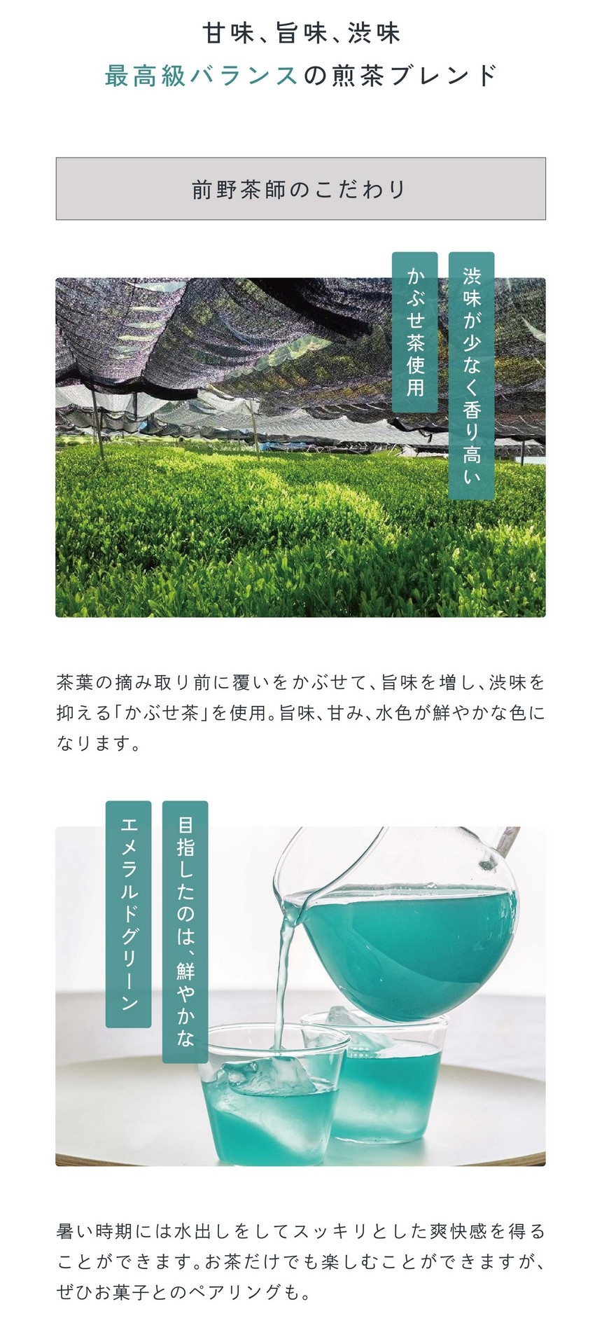 point 03 甘味、旨味、渋味、最高級バランスの煎茶ブレンド。渋みが少なく香り高いかぶせ茶使用。茶葉の摘み取り前に覆いかぶせて旨味を増し、渋味を抑える「かぶせ茶」を使用。旨味、甘み、水色が鮮やかな色になります。目指したのは、鮮やかなエメラルドグリーン。暑い時期には水出しをしてスッキリとした爽快感を得ることができます。お茶だけでも楽しむことができますが、ぜひお菓子とのペアリングも。