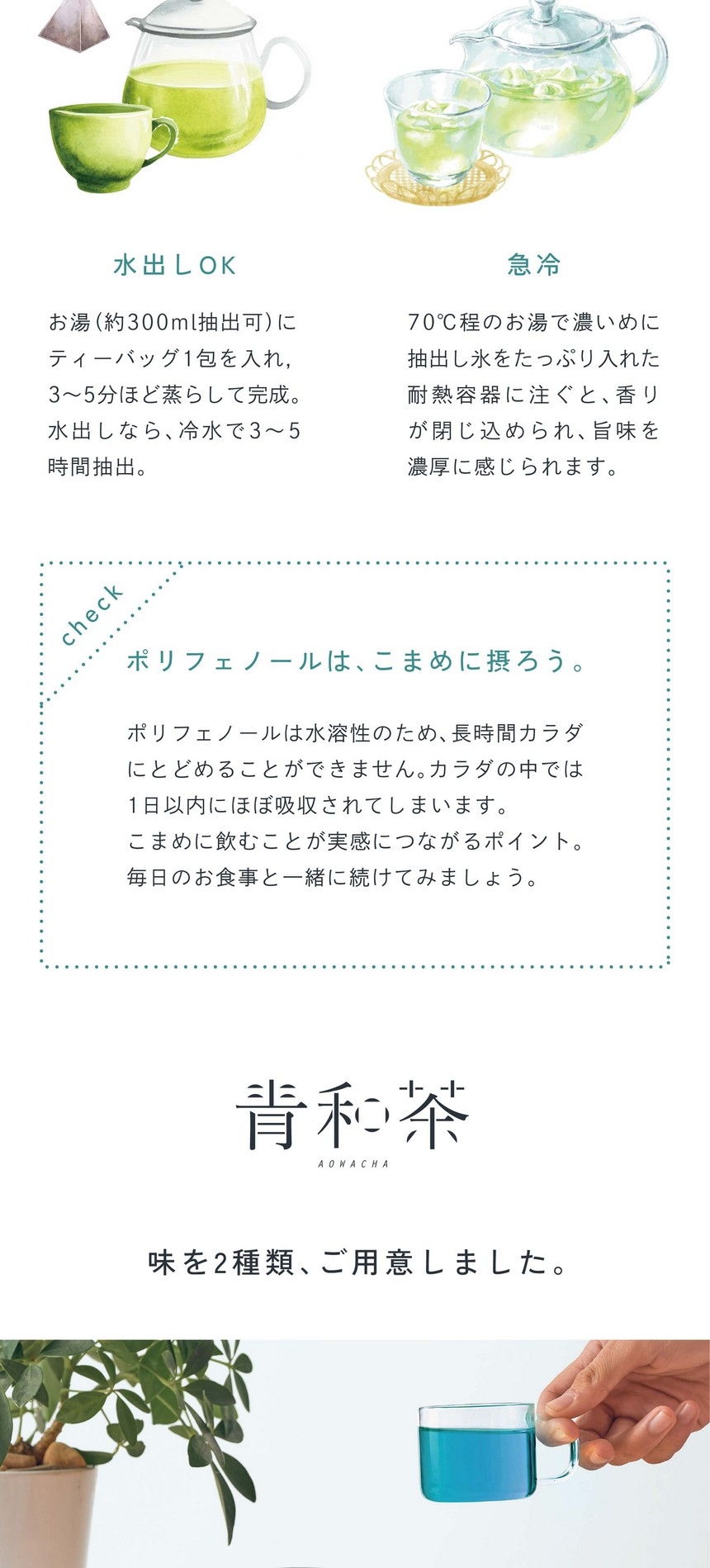 基本の飲み方。水出しOK。お湯（約300ml抽出可）にティーバッグ1包を入れ、3～5分ほど蒸らして完成。水出しなら冷水で3～5時間抽出。香りを楽しむ。急冷。70℃程のお湯で濃いめに抽出し氷をたっぷり入れた耐熱容器に注ぐと香りが閉じ込められ旨味を濃厚に感じられます。ポリフェノールはこまめに摂ろう。ポリフェノールは水溶性のため、長時間カラダにとどめることができません。カラダの中では1日以内にほぼ吸収されてしまいます。こまめに飲むことが実感につながるポイント。毎日のお食事と一緒に続けてみましょう。
