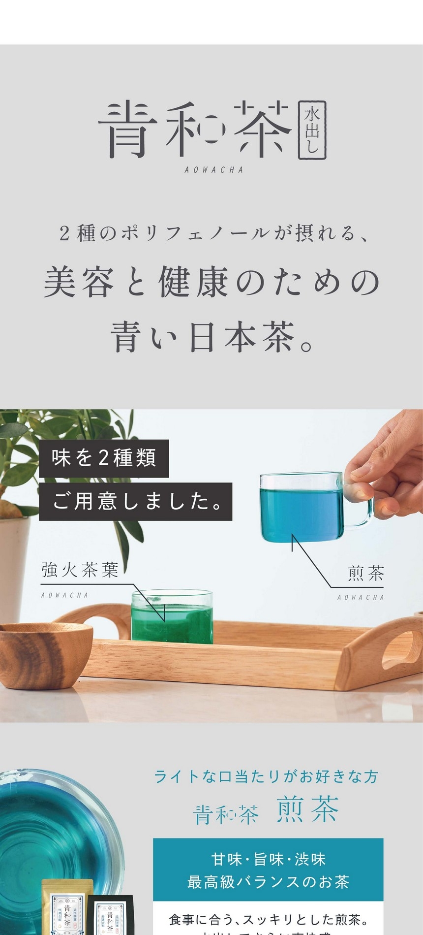 青和茶（水出し）2種のポリフェノールが摂れる美容と健康のための青い日本茶。味を2種類ご用意しました。ライトな口当たりが好きな方、青和茶煎茶。甘味・旨味・渋味最高級バランスのお茶。食事に合うスッキリとした煎茶。