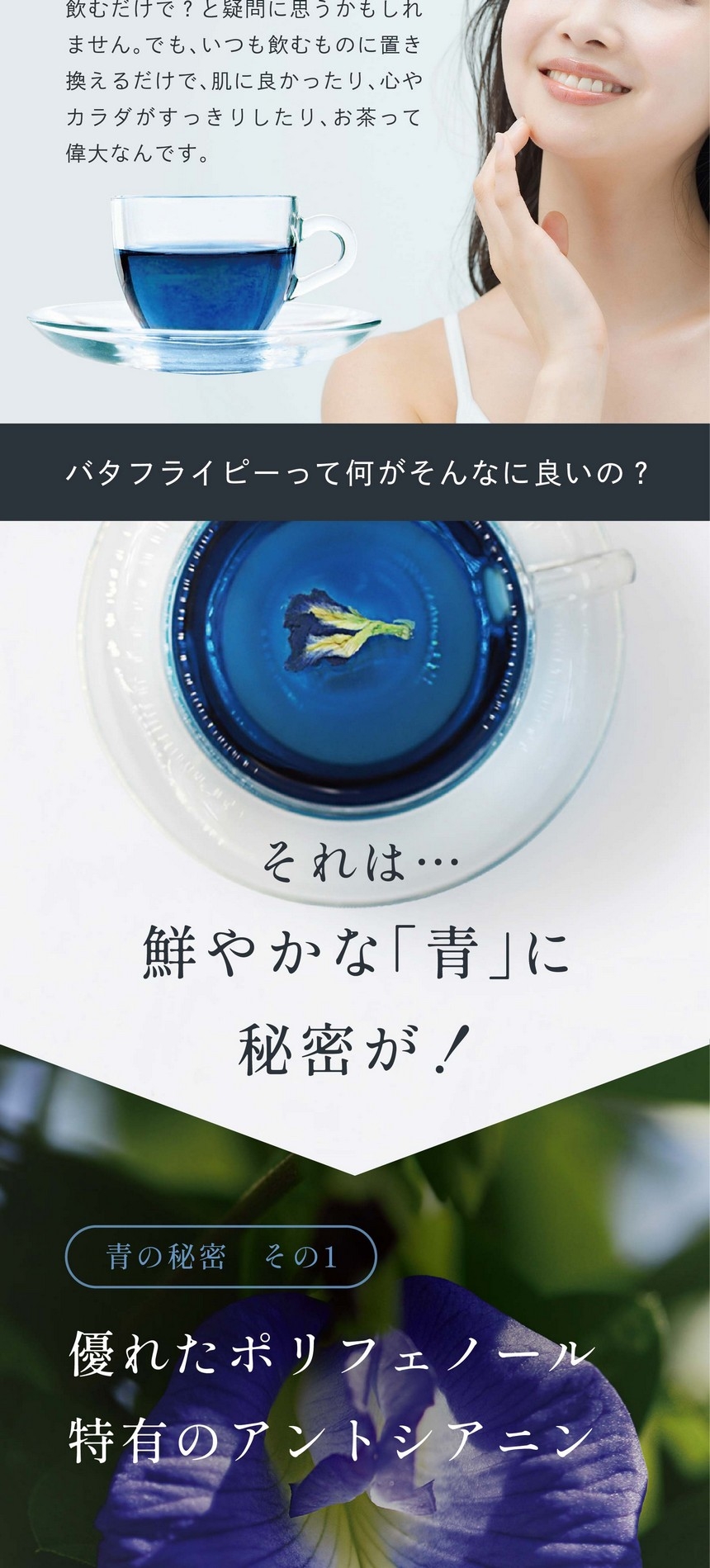 バタフライピーって何がそんなに良いの？それは鮮やかな「青」に秘密が！青の秘密その1　優れたポリフェノール特有のアントシアニン。鮮やかな青の正体は、たっぷり含まれるアントシアニン色素。美容大国では、バタフライピーは日常的。ハーブティーにしてホットやアイスで飲むのはもちろん、髪を美しく保つシャンプーや石鹸などの化粧品にもよく使われています。