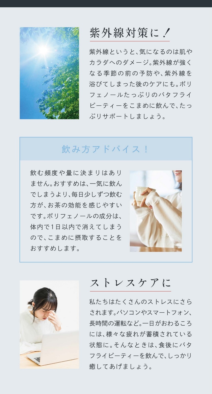 紫外線対策に！紫外線というと、気になるのは肌やカラダへのダメージ。紫外線が強くなる季節の前の予防や、紫外線を浴びてしまった後のケアにも。ポリフェノールたっぷりのバタフライピーティーをこまめに飲んで、たっぷりサポートしましょう。飲み方アドバイス！飲む頻度や量に決まりはありません。おすすめは、一気に飲んでしまうより毎日少しずつ飲む方がお茶の効能を感じやすいです。ポリフェノールの成分は、体内で1日以内で消えてしまうので、こまめに摂取することをおすすめします。ストレスケアに。私たちはたくさんのストレスにさらされます。パソコンやスマートフォン、長時間の運転など。一日がおわるころには、様々な疲れが蓄積されている状態に。そんなときは食後にバタフライピーティーを飲んでしっかり癒してあげましょう。