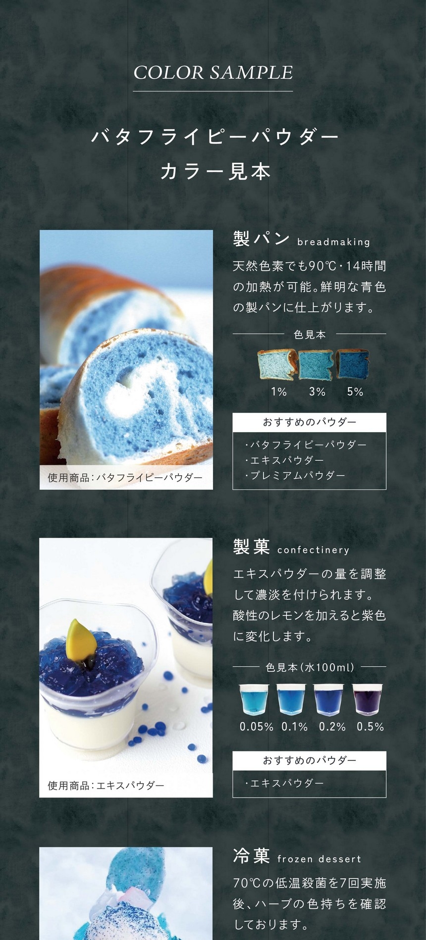 バタフライピーパウダーカラー見本。製パン。天然色素でも90℃・14時間の加熱が可能。鮮明な青色の製パンに仕上がります。製菓。エキスパウダーの量を調整しながら濃淡を付けられます。酸性のレモンを加えると紫色に変化します。冷菓。70℃の低温殺菌を7回実施後、ハーブの色持ちを確認しております。