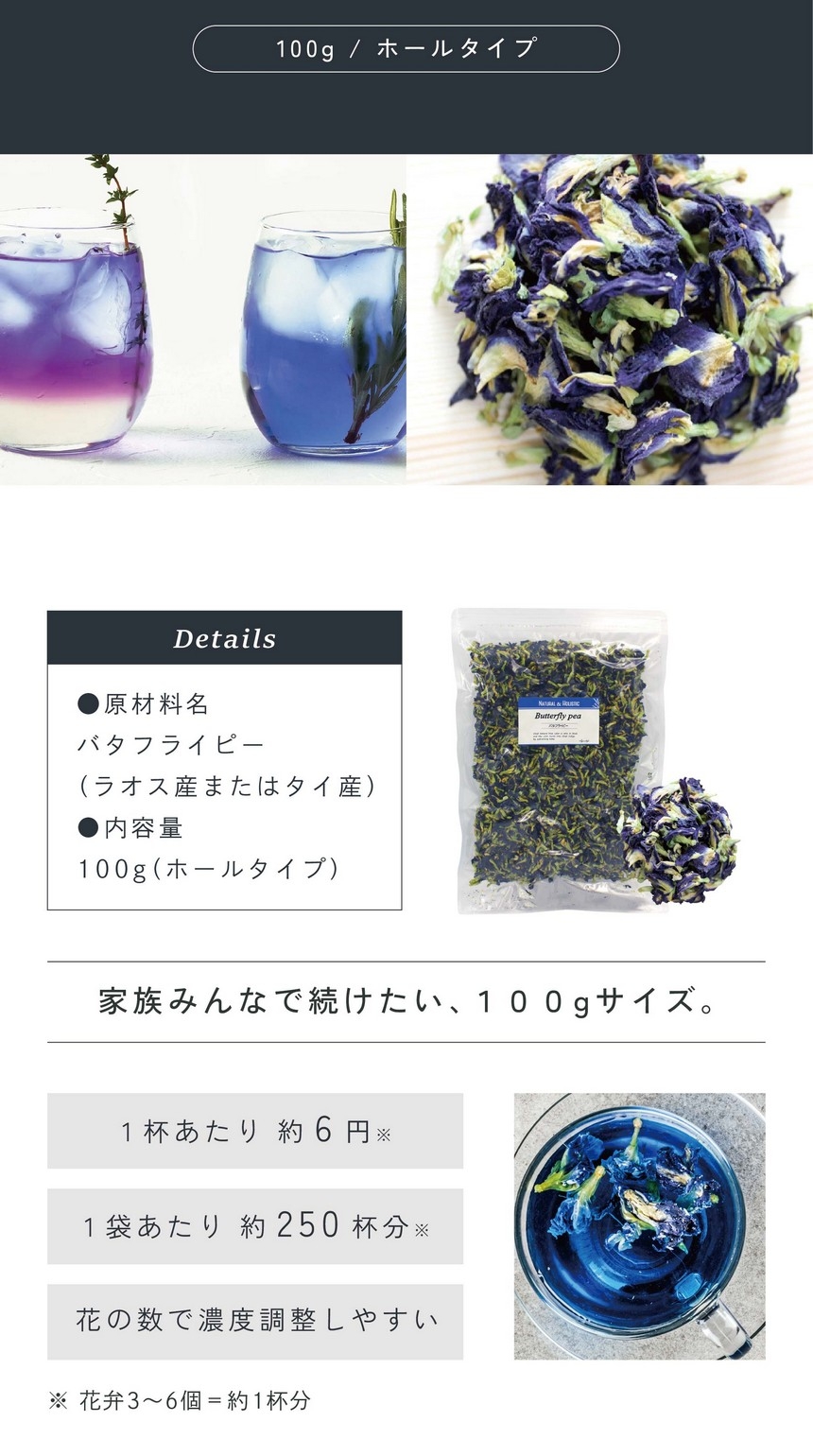 家族みんなで続けたい100g。1杯あたり約6円1袋あたり約250杯分。花の数で濃度調整しやすい。※花弁3～6個＝1杯分。