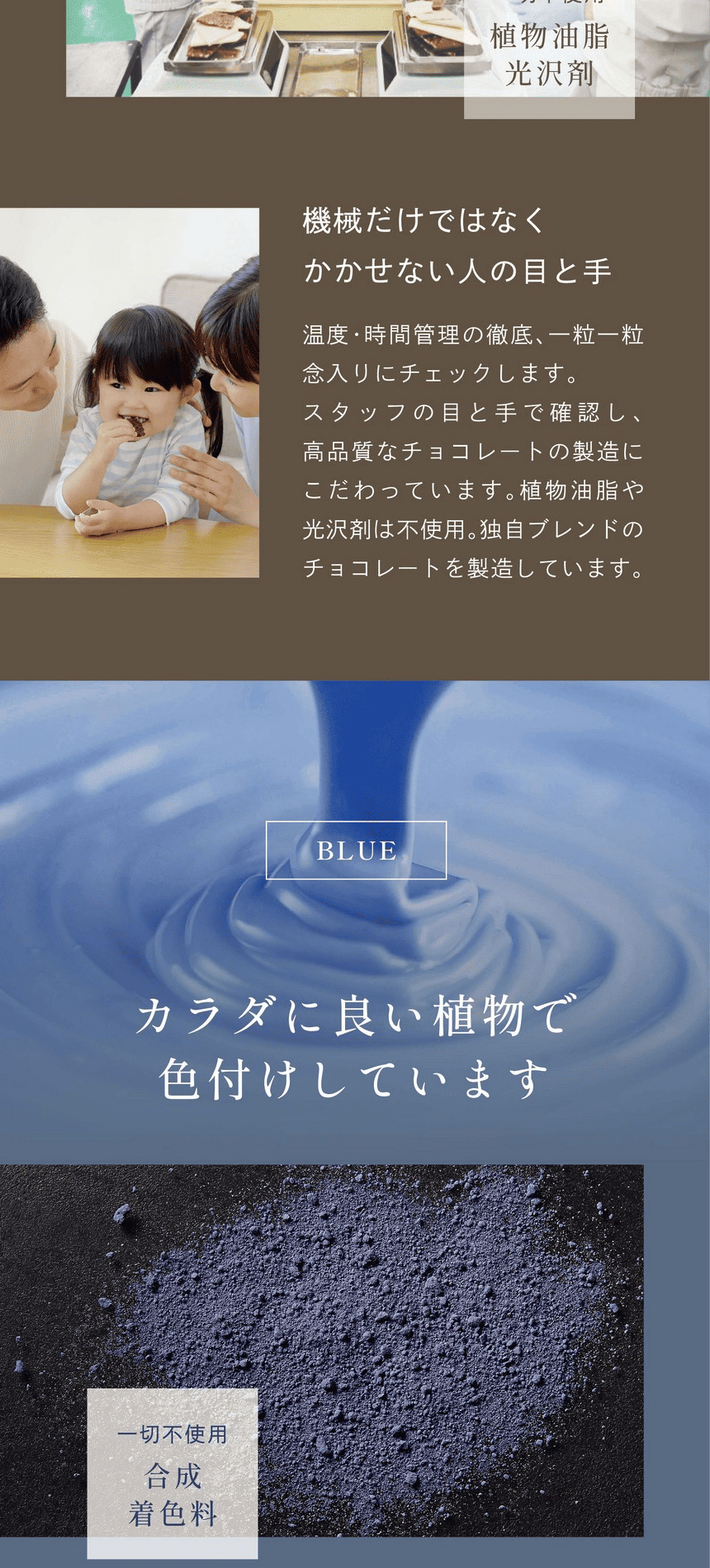 一切不使用植物油脂光沢剤　機械だけではなくかかせない人の目と手　温度・時間管理の徹底、一粒一粒念入りにチェックします。スタッフの目と手で確認し、高品質なチョコレートの製造にこだわっています。植物油脂や光沢剤は不使用。独自のブレンドのチョコレートを製造しています。BLUE カラダに良い植物で色付けしています。