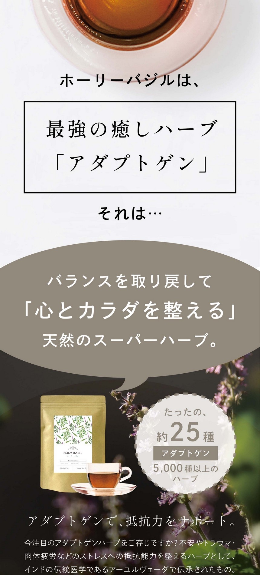 ホーリーバジルは最強の癒しハーブアダプトゲン。それは、バランスを取り戻して「心とカラダを整える」天然のスーパーハーブ。アダプトゲンで抵抗力をサポート。今注目のアダプトゲンハーブをご存じですか？不安やトラウマ・肉体疲労などのストレスへの抵抗能力を整えるハーブとしてインドの伝統医学であるアーユルヴェーダで伝承されたもの。その中でもホーリーバジルは「最強のアダプトゲンハーブ」として知られています。
