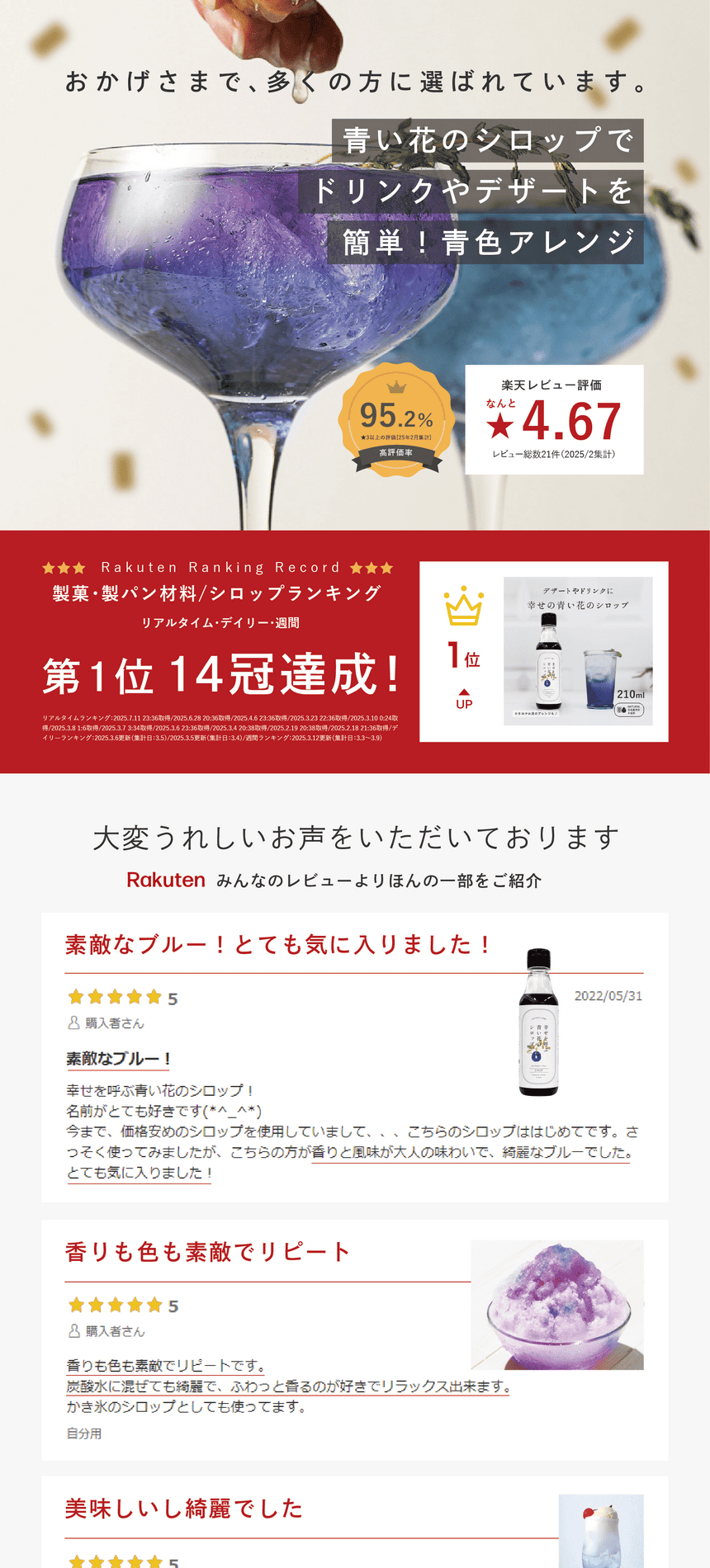 おかげさまで多くの方に選ばれています。青い花のシロップでドリンクやデザートを簡単！青色アレンジ　高評価率95.2％　楽天レビュー評価★4.67　製菓・製パン材料/シロップランキング　リアルタイム第一位獲得！うれしいお声をいただいております。Rakuten みんなのレビューよりほんの一部をご紹介。素敵なブルー！とても気に入りました！香りも色も素敵でリピート。美味しいし綺麗でした。