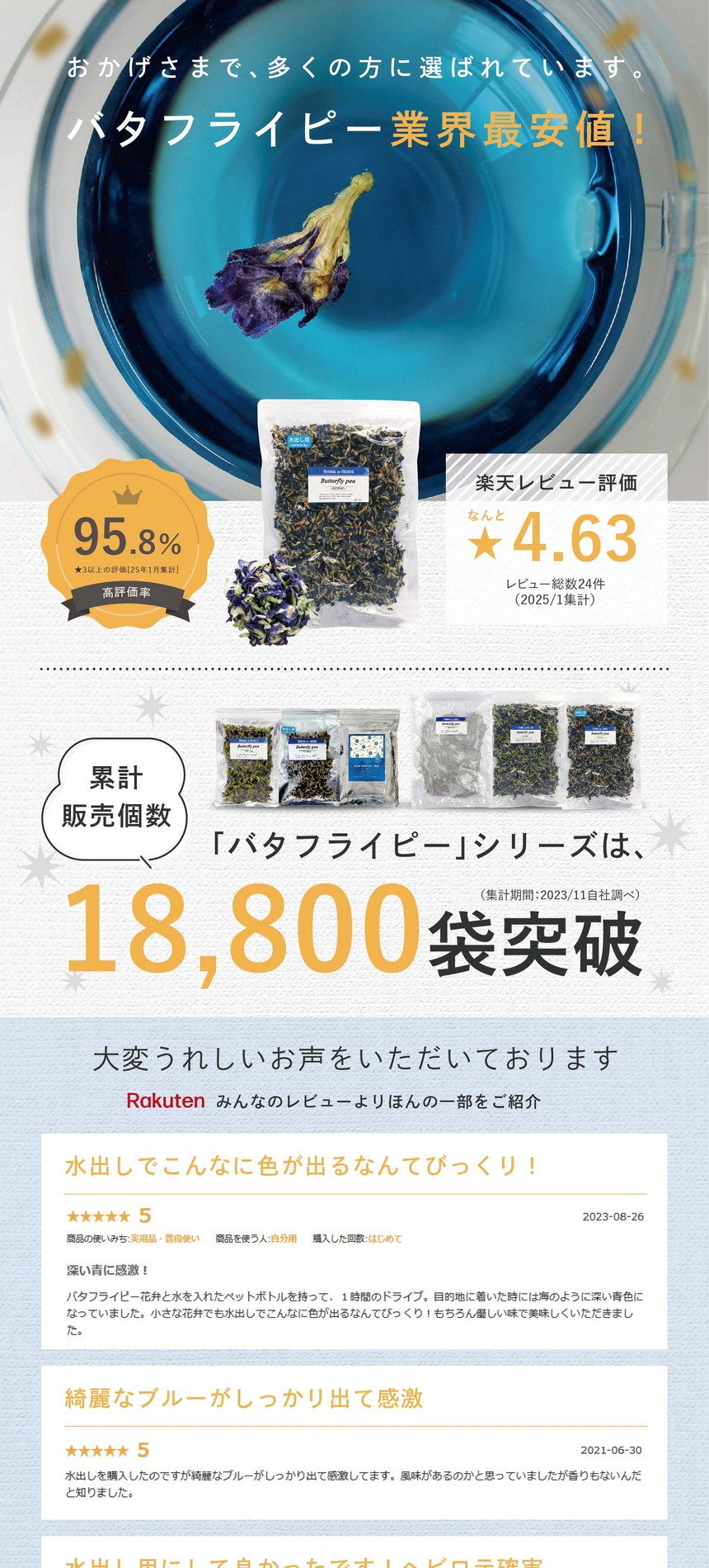 おかげさまで多くの方に選ばれています。シリーズ累計18,800袋突破！水出し用バタフライピー100g大好評！楽天市場みんなのレビューより一部をご紹介。小さな花弁でも水出しでこんなに色が出るなんてびっくり！綺麗なブルーがしっかり出て感激。水出し用にして良かった。ヘビロテ確実。目を酷使する細かい仕事をしていますが心なしか快適です。子供が大喜びで飲んでいます。