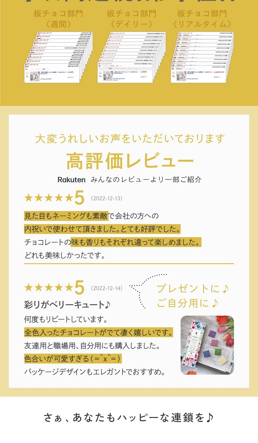 見た目もネーミングも素敵。内祝いで使わせていただきました。とても好評でした。味も香りもそれぞれ違って楽しめました。全色入ったチョコレートがでて凄く嬉しいです。色合いが可愛すぎる。