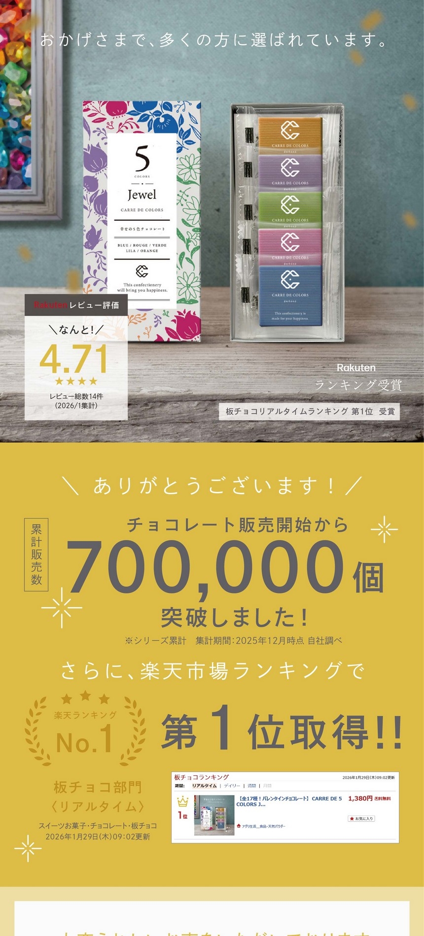 チョコレート販売開始から累計販売数700,000個突破！楽天レビュー評価なんと★4.71　スイーツお菓子・板チョコレートランキング第1位受賞！