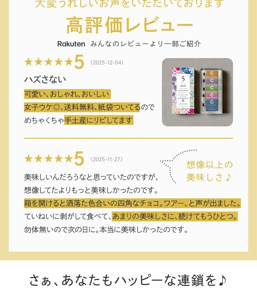 可愛い、おしゃれ、おいしい。女子ウケ◎、送料無料、紙袋ついてる。手土産にリピしています。箱を開けると洒落た色合いの四角なチョコ。