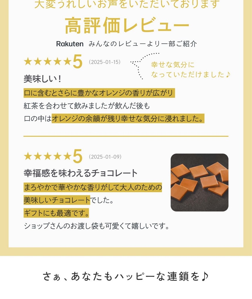 口に含むとさらに豊かなオレンジの香りが広がり口の中はオレンジの余韻が残り幸せな気分に浸れました。まろやかで華やかな香りがして大人のための美味しいチョコレートでした。ギフトにも最適です。