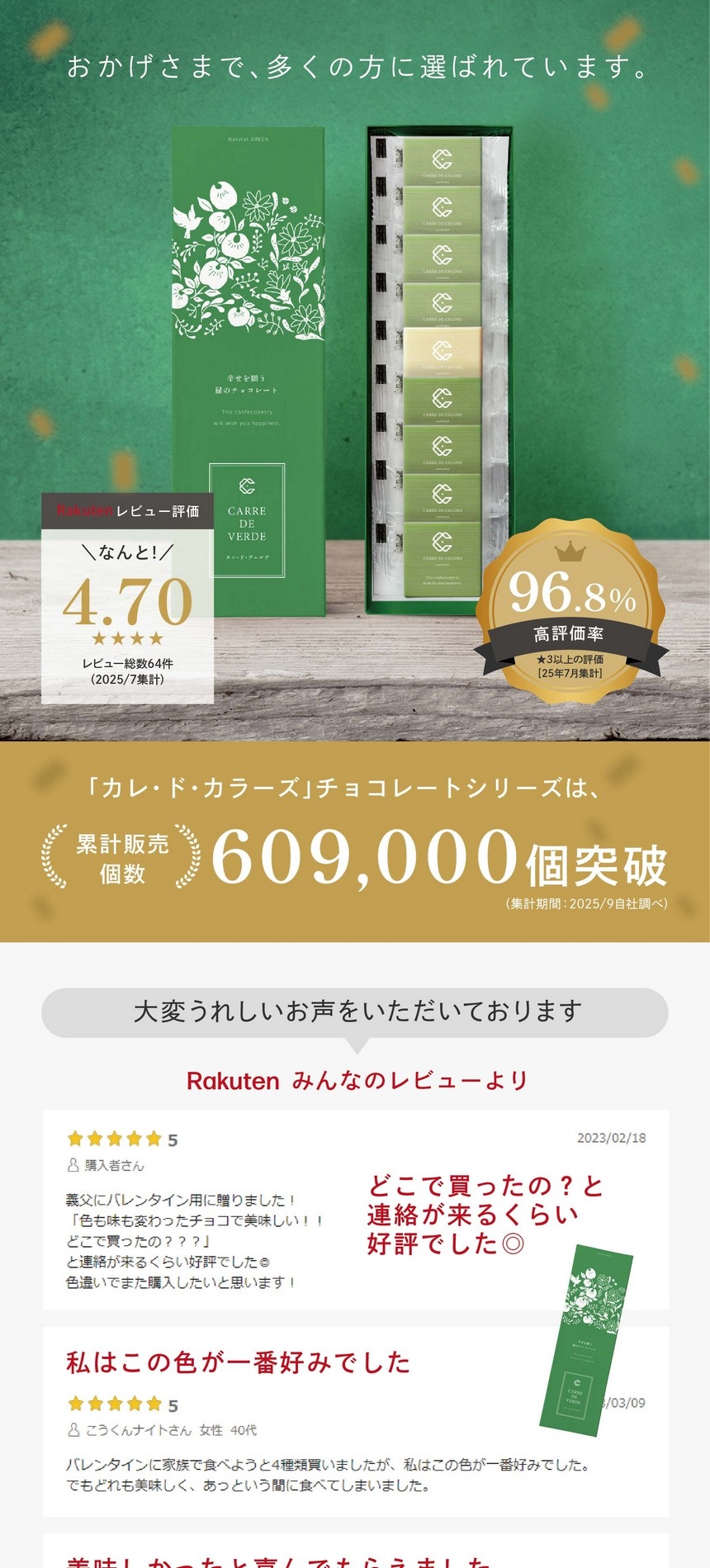 おかげさまで多くの方に選ばれています。「CARRE DE CHOCOLATE」シリーズは累計販売個数206,000個突破　高評価率95.7％　楽天レビュー評価★4.74　大変うれしいお声をいただいております。Rakutenみんなのレビューよりほんの一部をご紹介。どこで買ったの？と連絡が来るくらい好評でした。私はこの色が一番好みでした。美味しかったと喜んでもらえました。