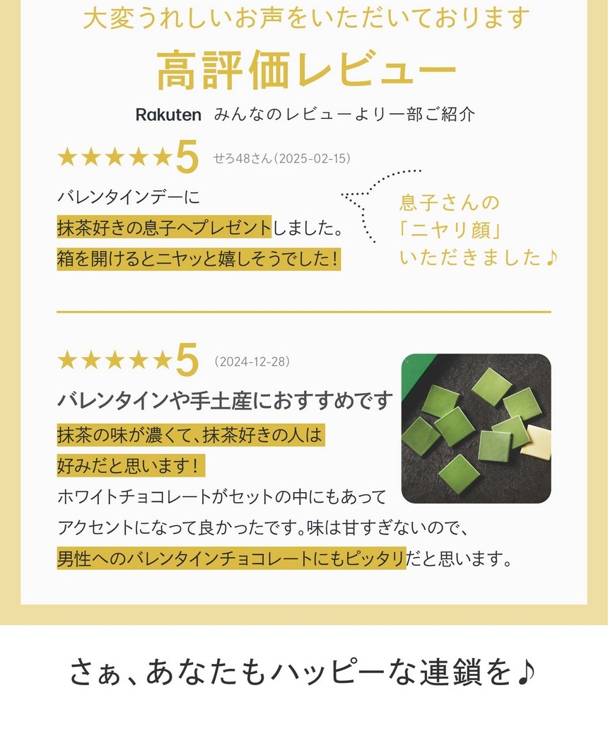 抹茶好きの息子へプレゼントしました。箱を開けるとニヤッと嬉しそうでした！抹茶の味が濃くて抹茶好きの人は好みだと思います。男性へのバレンタインチョコレートにもぴったり。