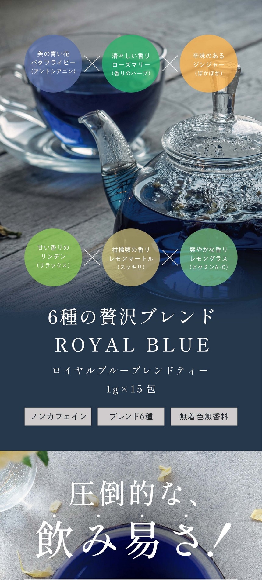 美の青い花バタフライピー（アントシアニン）×清々しい香りローズマリー（香りのハーブ）×辛味のあるジンジャー（ぽかぽか）×甘い香りのリンデン（リラックス）×柑橘類の香りレモンマートル（スッキリ）×爽やかな香りレモングラス（ビタミンA・C）6種の贅沢ブレンド ROYAL BLUE ロイヤルブルーブレンドティー1g×15包　ノンカフェイン・ブレンド6種・無着色無香料。