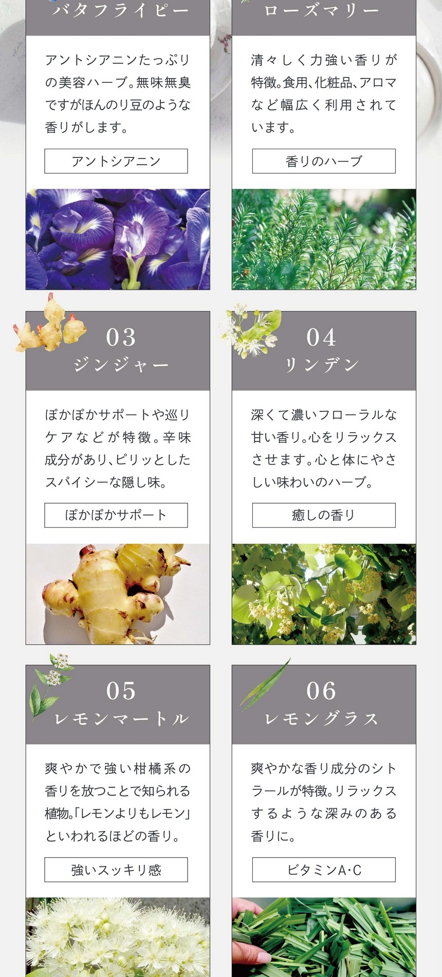 01 バタフライピー：アントシアニンたっぷりの美容ハーブ。無味無臭ですがほんのり豆のような香りがします。（アントシアニン）02ローズマリー：清々しく力強い香りが特徴。食用、化粧品、アロマなど幅広く利用されています。（香りのハーブ）03ジンジャー：ぽかぽかサポートや巡りケアなどが特徴。辛味成分がありスパイシーな隠し味。（ぽかぽかサポート）04リンデン：深くて濃いフローラルな甘い香り。心をリラックスさせます。心と体にやさしい味わいのハーブ。05レモンマートル：爽やかで強い柑橘系の香りを放つことで知られる植物。「レモンよりレモン」といわれるほどの香り。（強いスッキリ感）06レモングラス：爽やかな香り成分のシトラールが特徴。リラックスするような深みのある香りに。
