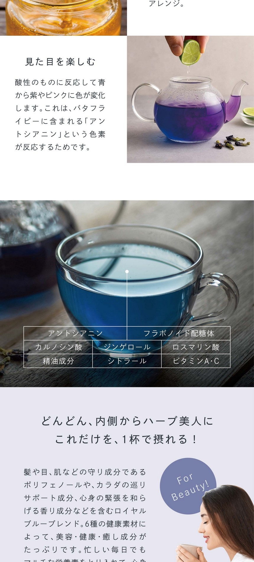 ARRANGE 味わいをもっと楽しむ。甘味を足したいときは蜂蜜を、アクセントが欲しいときはレモン汁を加えてアレンジ。見た目を楽しむ。酸性のものに反応して青から紫やピンクに色が変化します。これはバタフライピーに含まれる「アントシアニン」という色素が反応するためです。アントシアニン・フラボノイド配糖体・カルノシン酸・ジンゲロール・ロスマリン酸・精油成分・シトラール・ビタミンA・C。どんどん内側からハーブ美人に。これだけを1杯で摂れる！髪や目、肌などの守り成分であるポリフェノールや、カラダの巡りサポート成分、心身の緊張を和らげる香り成分などを含むロイヤルブルーブレンド。6種の健康素材によって美容・健康・癒し成分がたっぷりです。忙しい毎日でもマルチな栄養素をとり入れて心身を整えましょう。